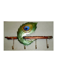 Bansuri with Peacock Feather Key Holder, 12 Inch x 7 Inch