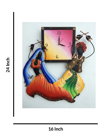 Dandiya Couple Wall Clock, 24 Inch x 16 Inch