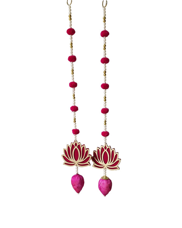 Fuchsia and Gold Lotus Bead Danglers Decoration Wall Decor, 23 Inch x 4 Inch