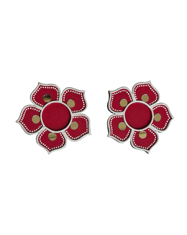 Handcrafted Red Flower Earrings with with Gold Accents, 4 Inch x 4 Inch