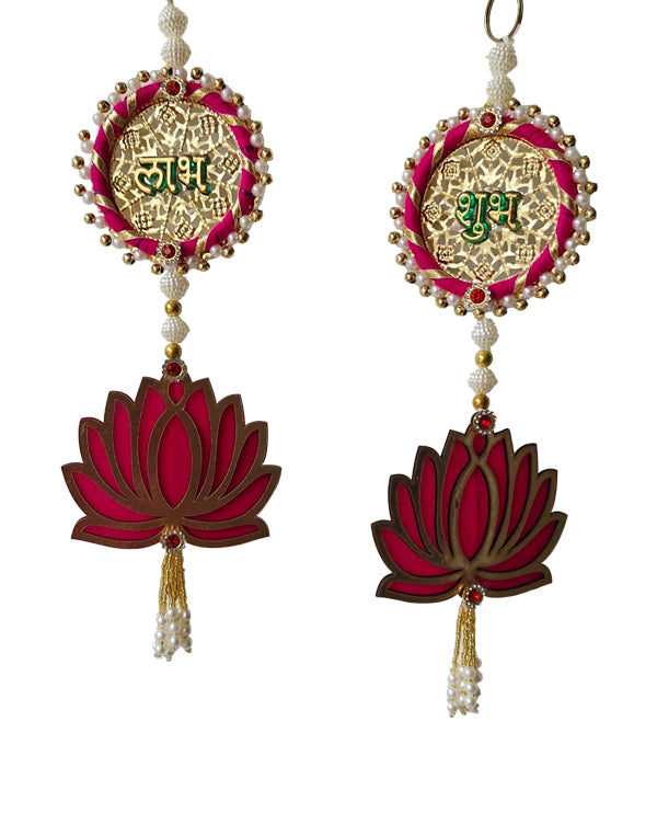 Handmade Shubh Laabh Wall Hanging Ornaments with Lotus Flowers, 12 Inch x 4 Inch