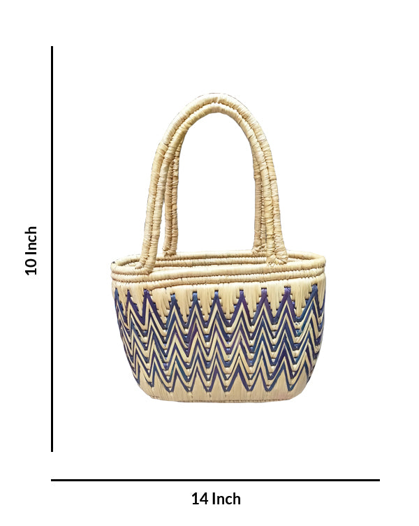 Handwoven Straw Bag with Zigzag Pattern Handles, 10 Inch x 14 Inch