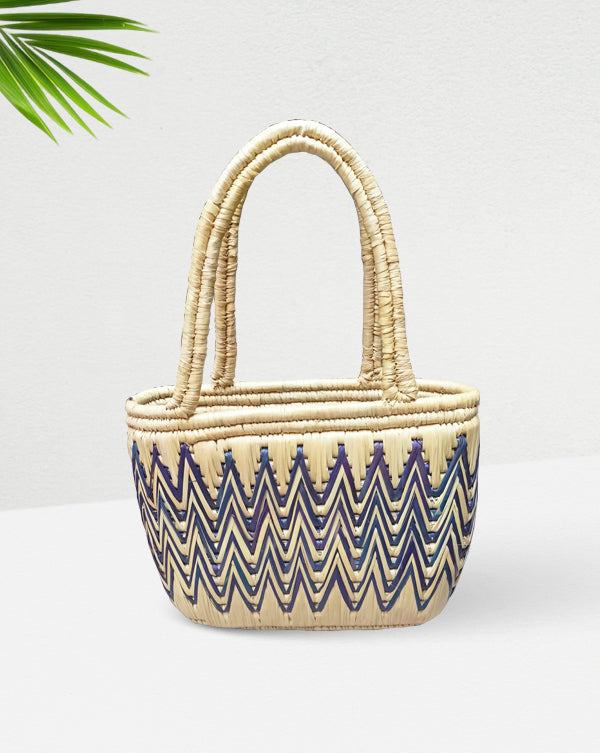 Handwoven Straw Bag with Zigzag Pattern Handles, 10 Inch x 14 Inch