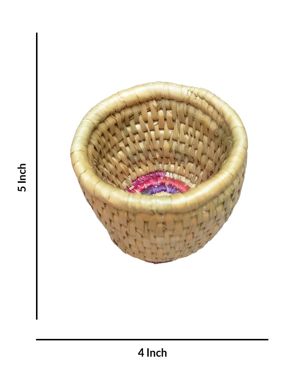 Handwoven Straw Basket with Purple and Pink Accents, 5 Inch x 4 Inch