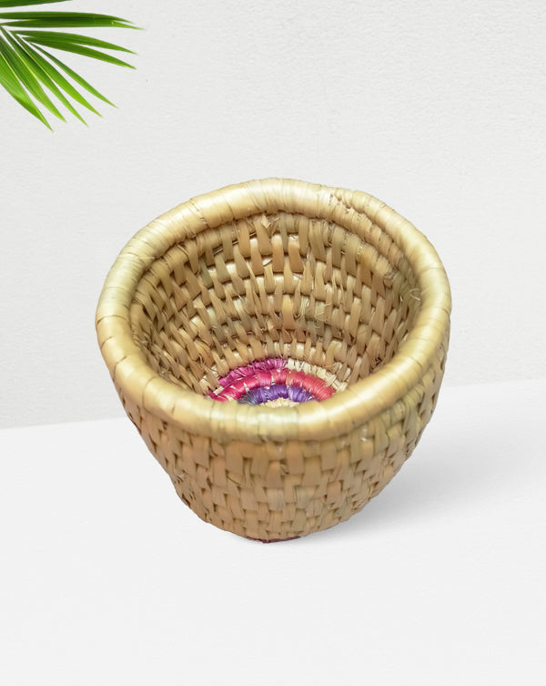 Handwoven Straw Basket with Purple and Pink Accents, 5 Inch x 4 Inch