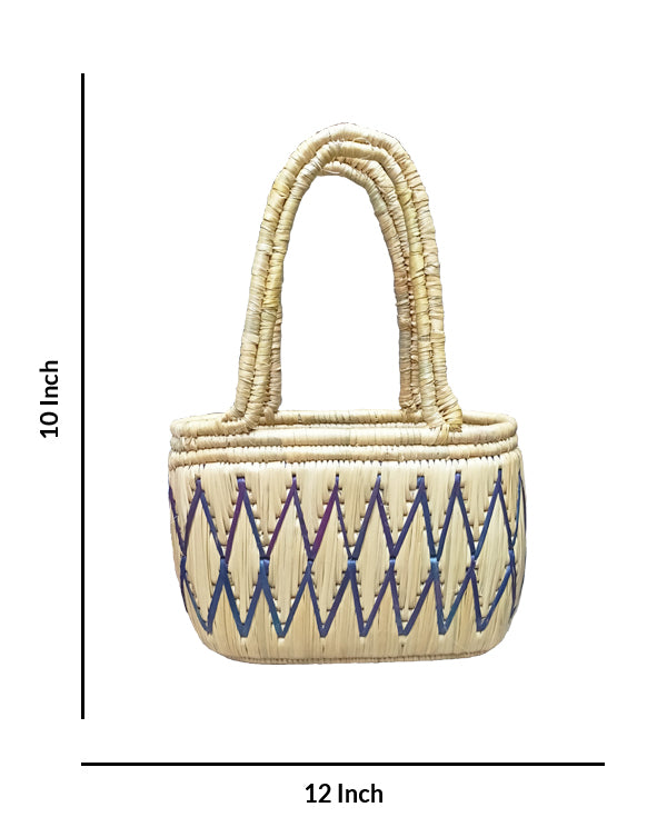 Handwoven Straw Tote Basket with Blue Accent Pattern, 12 Inch x 10 Inch