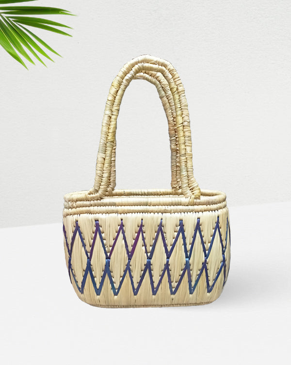 Handwoven Straw Tote Basket with Blue Accent Pattern, 12 Inch x 10 Inch