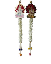 Goddess Lakshmi and Lord Ganesha Wall Hanging Floral Garlands and Beaded Accents, 26 Inch x 5 Inch