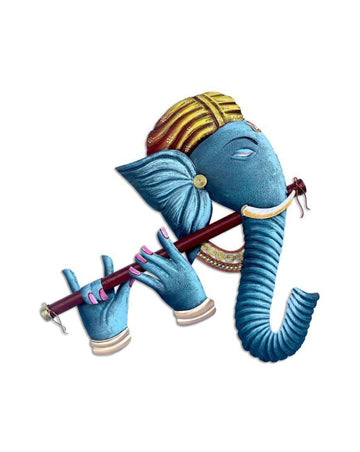 Lord Ganesha Flute Wall Hanging Metal Art, 16 Inch x 18 Inch