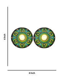 Emerald Peacock Mandala Art Tealight Candle Holders, 6 Inch x 6 Inch