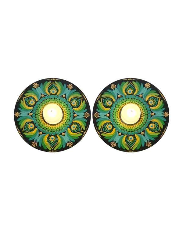 Emerald Peacock Mandala Art Tealight Candle Holders, 6 Inch x 6 Inch