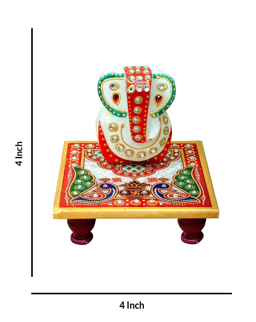 Marble Chowki with Hand Painted Ganesha, 4 Inch x 4 Inch