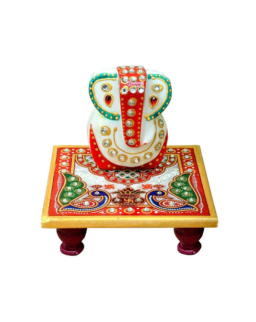 Marble Chowki with Hand Painted Ganesha, 4 Inch x 4 Inch