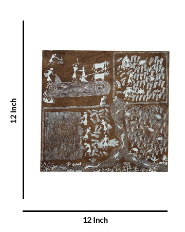 Stages Of Farming Handmade Tribal Warli Painting, 12 Inch x 12 Inch