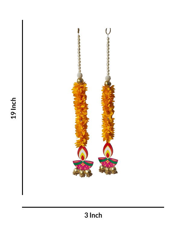 Traditional Diya Hanging with Marigold Paper Gajra and Gota Beaded Accents, 19 Inch x 3 Inch