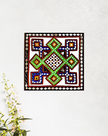 Vibrant Geometric Decorative Lippan Art, 12 Inch x 12 Inch
