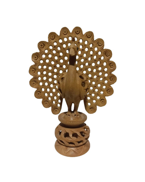 Wooden Handmade Jali Design Dancing Peacock Statue, 3 Inch