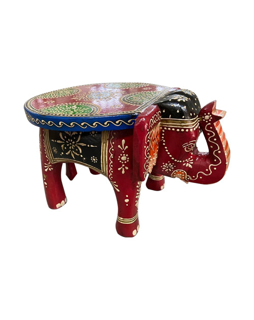 Red Hand-Painted Wooden Elephant Stool, 8 Inch